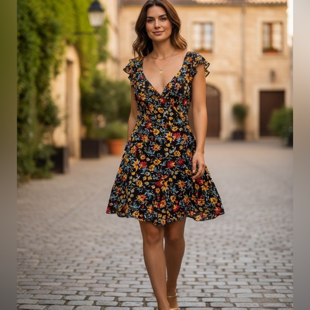 Band of the Free Brown Marigold Floral Print Mini‎ Wrap Dress Smocked Ruffle XS